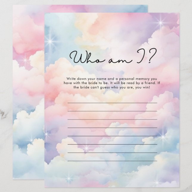 Papier Qui suis-je Pastel Cloud Neuf Fête des mariées Jeu (Devant / Derrière)