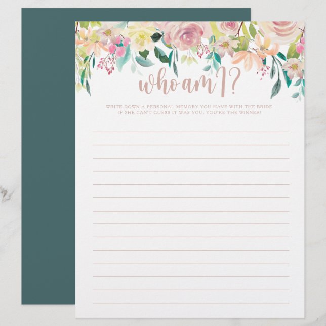 Papier Qui suis-je Rose Gold Floral Fête des mariées jeu (Devant / Derrière)
