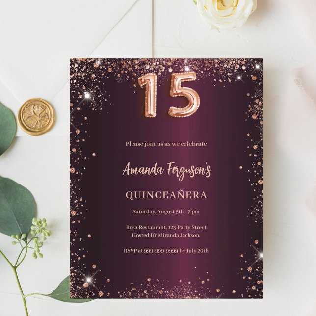 Papier Quinceanera Bourgogne invitation rose d'or (Créateur téléchargé)