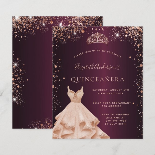 Papier Quinceanera Bourgogne rose invitation robe or (Devant / Derrière)