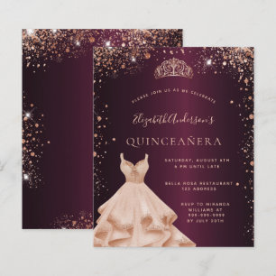 Papier Quinceanera Bourgogne rose invitation robe or