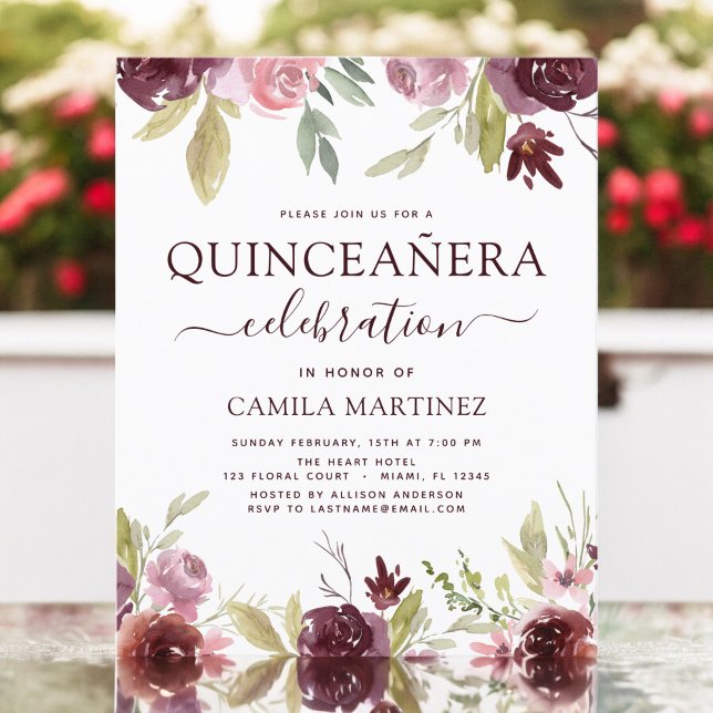 Papier Quinceanera Budget Burgundy Blush Rose Floral (Créateur téléchargé)