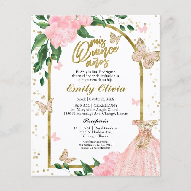 Papier Quinceanera Butterflys Espagne Budget Invitation (Devant)