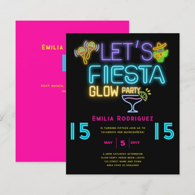 Papier QUINCEAÑERA Glow Party Invitación Fiesta de Neón (Devant / Derrière)