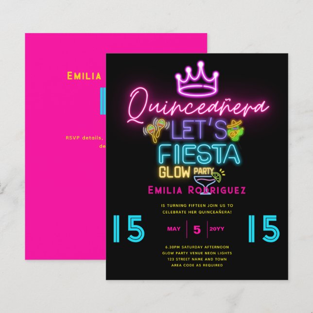 Papier QUINCEAÑERA Glow Party Invitación Fiesta de Neón (Devant / Derrière)