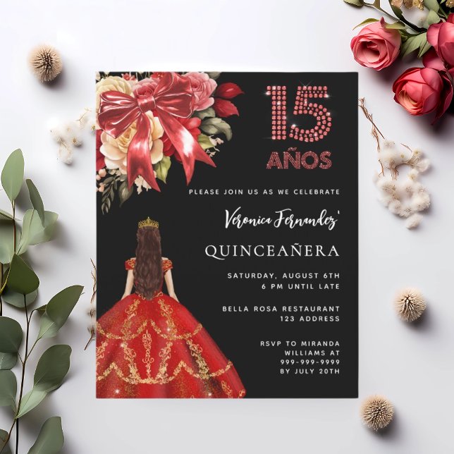 Papier Quinceanera noir rouge robe arc fleurons invitatio (Créateur téléchargé)