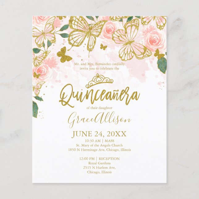 Papier Quinceanera Papillon Budget Invitation Bilingue (Devant)