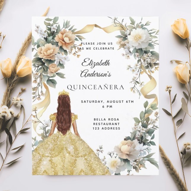 Papier Quinceanera robe or fleurons verdure invitation (Créateur téléchargé)