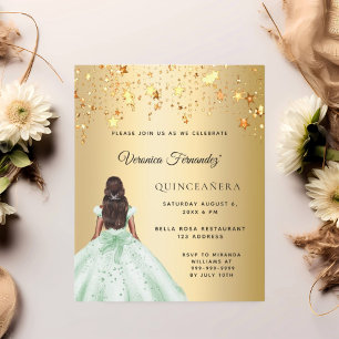 Papier Quinceanera robe or vert étoiles invitation