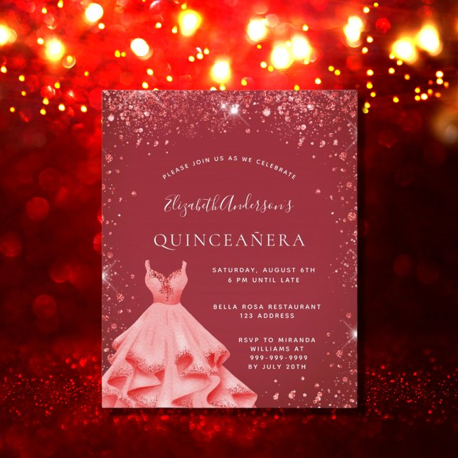 Papier Quinceanera robe rouge invitation parties scintill (Créateur téléchargé)