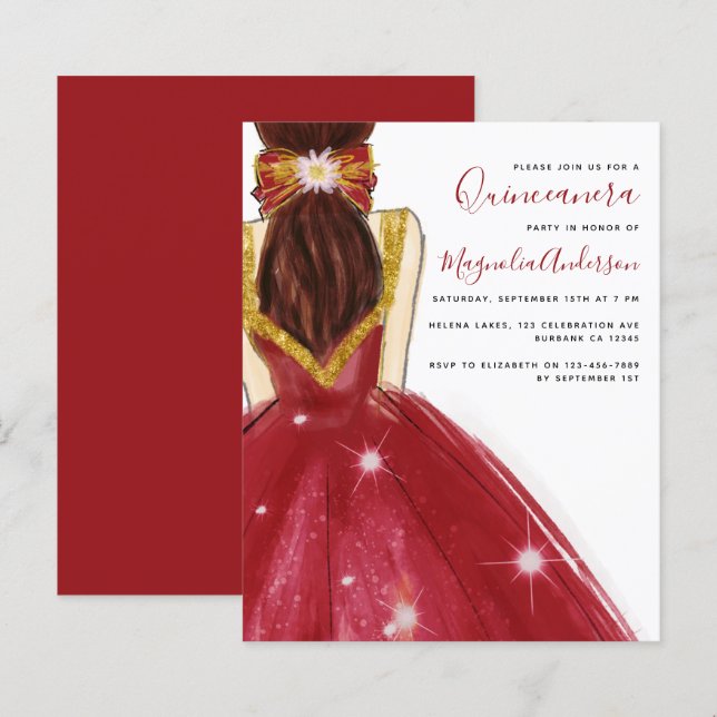 Papier Quinceanera Robe Rouge Or Budget Invitation (Devant / Derrière)