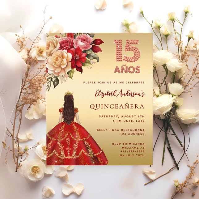 Papier Quinceanera robe rouge or fleurs invitation (Créateur téléchargé)