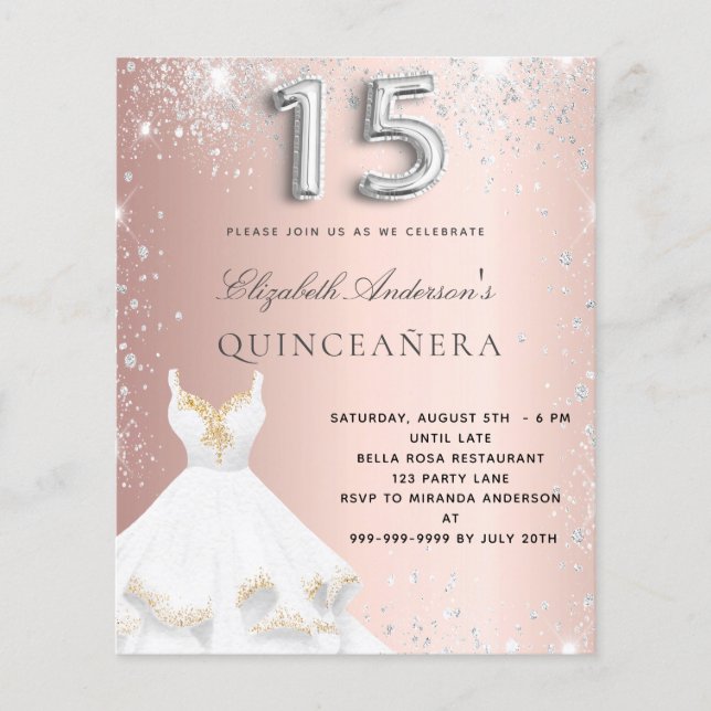 Papier Quinceanera rose or argent robe invitation (Devant)