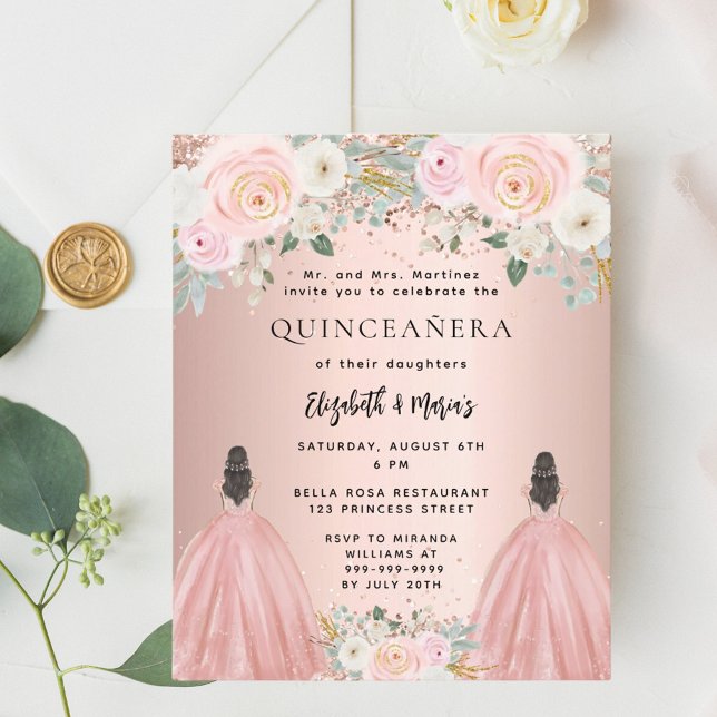 Papier Quinceanera rose robe florale 2 filles invitation (Créateur téléchargé)