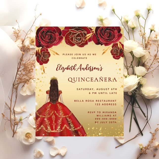 Papier Quinceanera rouge or robe florales invitations (Créateur téléchargé)