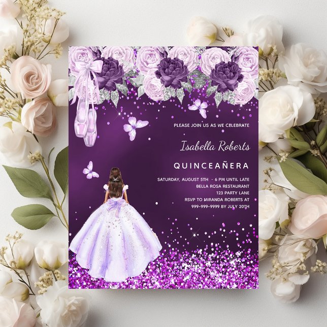 Papier Quinceanera violet ballerine robe rose invitation (Créateur téléchargé)