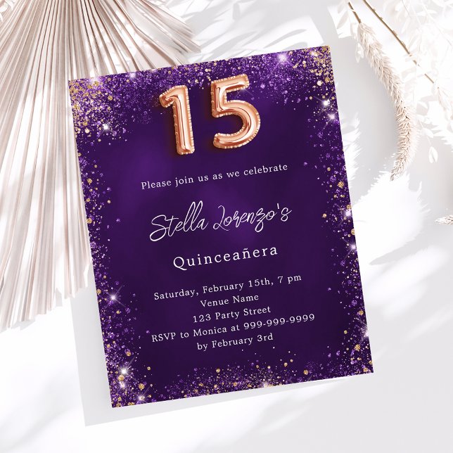 Papier Quinceanera violet rose or partie invitation (Créateur téléchargé)