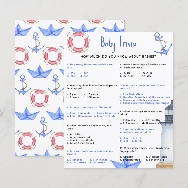 Papier Quiz Bébé Marin | Jeu de Baby Shower (Devant / Derrière)