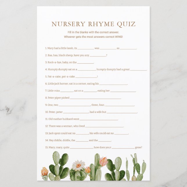 Papier Quiz de la nurserie de bohéme sur les comptines po (Devant)