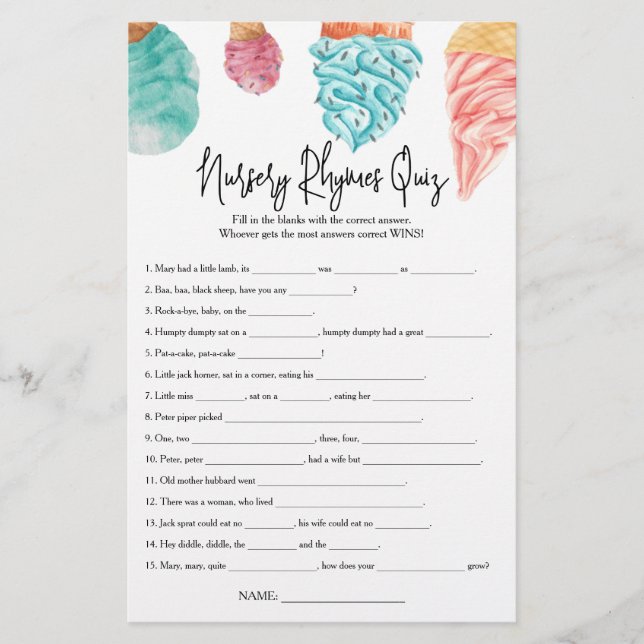 Papier Quiz de Nursery Rhymes Qu'est-ce que le Baby showe (Devant)