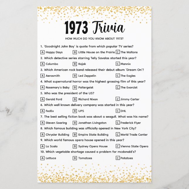 Papier Quiz de Trivia personnalisé 1973 pour Mariage d'or (Devant)