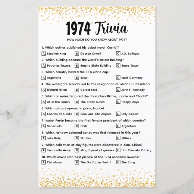 Papier Quiz de Trivia personnalisé 1974 pour Mariage d'or (Devant)
