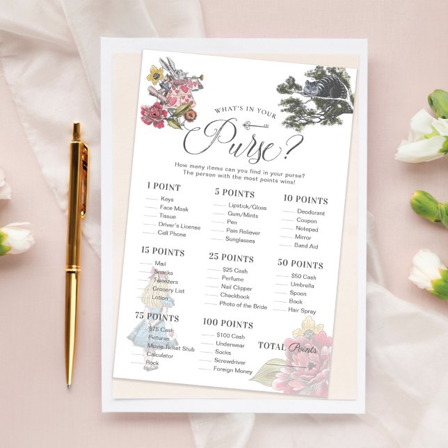 Papier Qu'y a-t-il dans votre sac Alice Wonderland Shower (What's in Your Purse Alice Wonderland Shower Game)