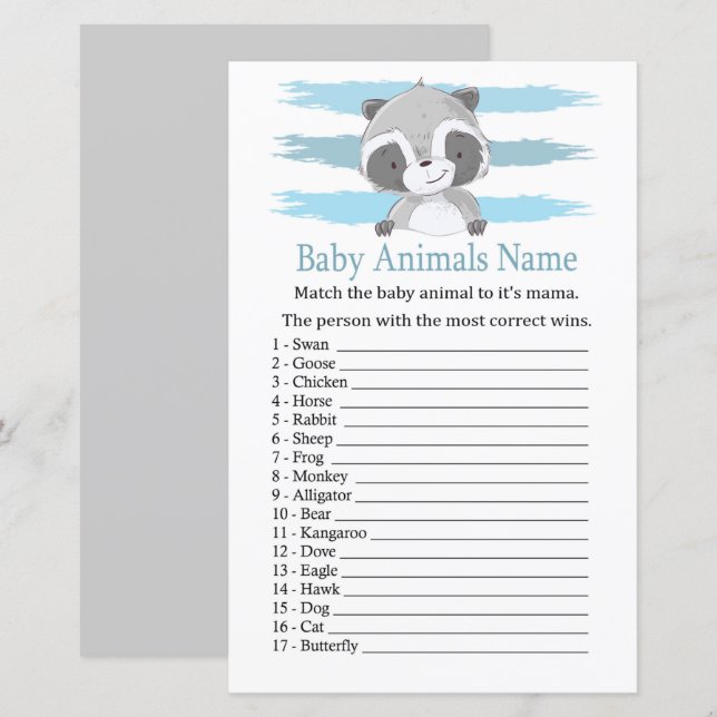 Papier Raccoon Baby Animaux Nom Jeu (Devant / Derrière)