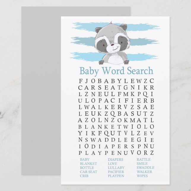 Papier Raccoon Baby shower Word Jeu de recherche (Devant / Derrière)