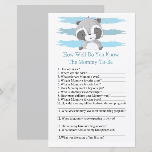 Papier Raccoon Comme vous connaissez bien le baby shower (Devant / Derrière)