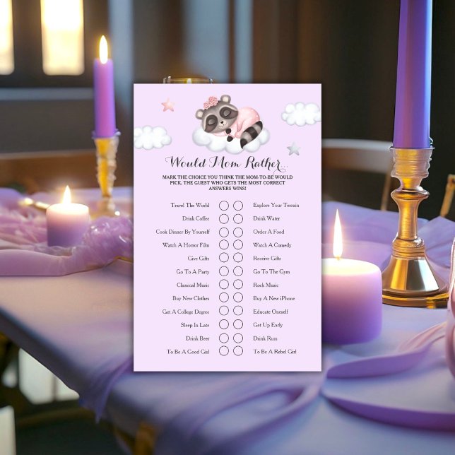 Papier Raccoon Girl Baby shower Jeu De Maman Plutôt.. (Raccoon Girl Baby Shower Game Would Mom Rather..)