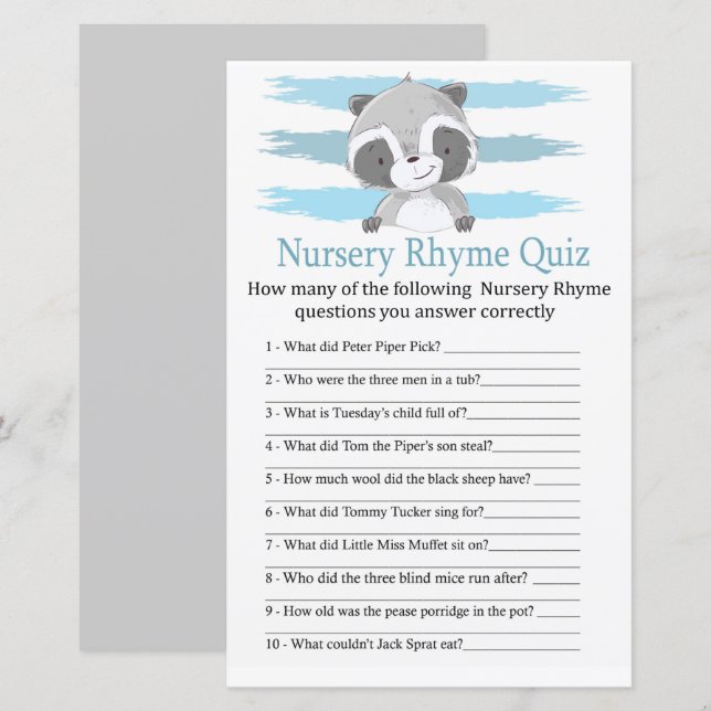 Papier Raccoon Nursery Rhyme Quiz jeu de baby shower (Devant / Derrière)