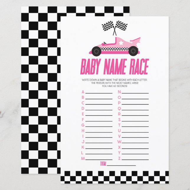 Papier Race rose Nom de voiture Course Baby shower Jeu (Devant / Derrière)