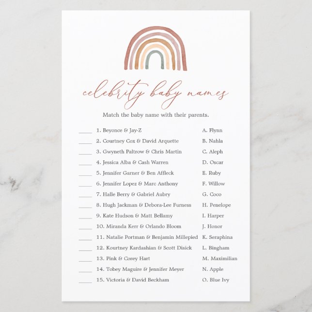 Papier Rainbow Baby shower Celebrity Baby Names jeu (Devant)