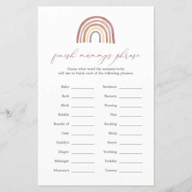 Papier Rainbow Baby shower Finish Mummy's Phrase Game (Devant)