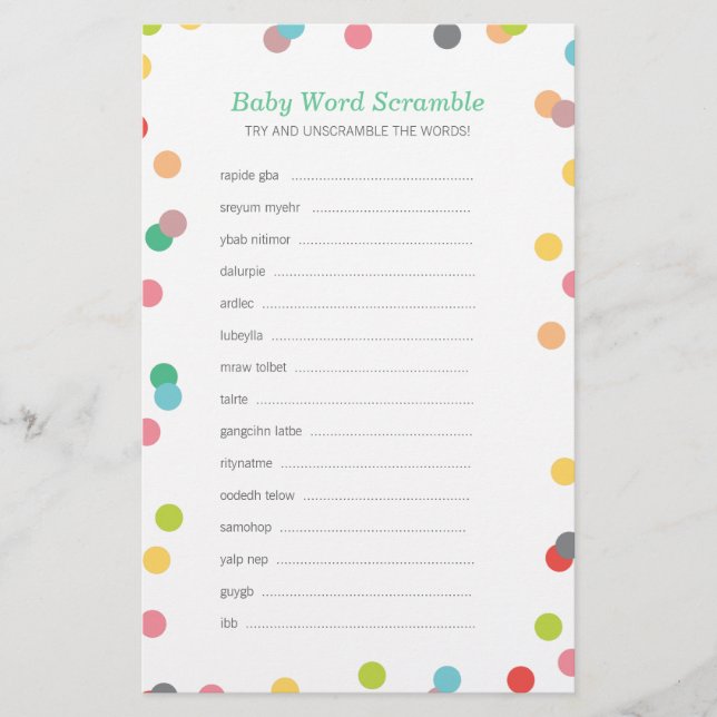 Papier Rainbow Confetti Baby Word Scramble Jeu (Devant)