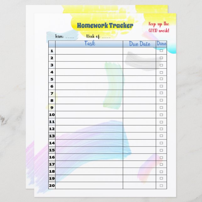 Papier Rainbow Paint Student Homework tracker (Devant / Derrière)