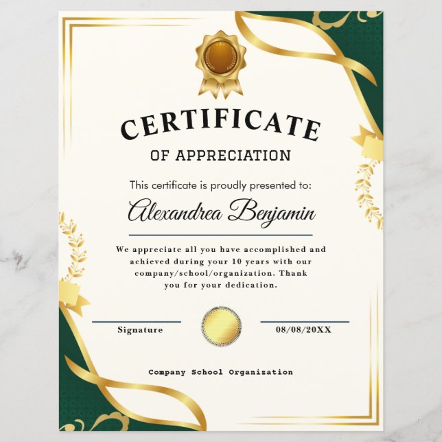 Papier Réalisation Apprécier Gold Blue Certificat (Devant)