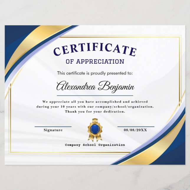 Papier Réalisation Apprécier Gold Blue Certificat (Devant)