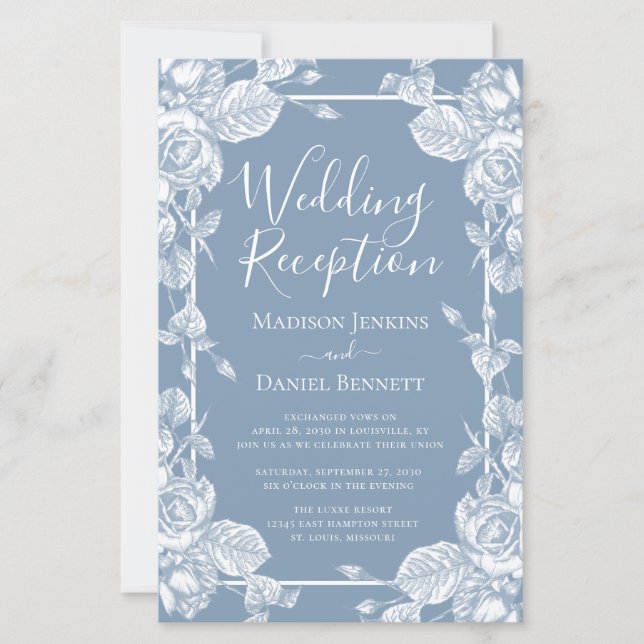 Papier Réception de mariage floral bleu poussiéreux de bu (Devant)