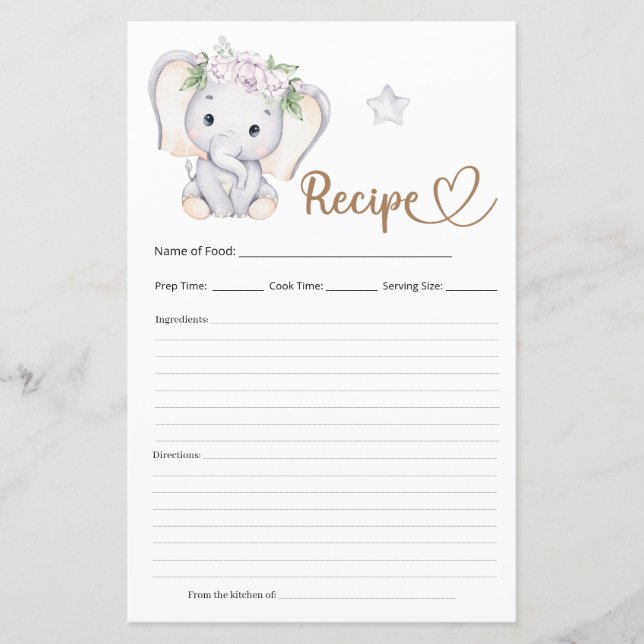 Papier Recette Baby shower éléphant bébé (Devant)