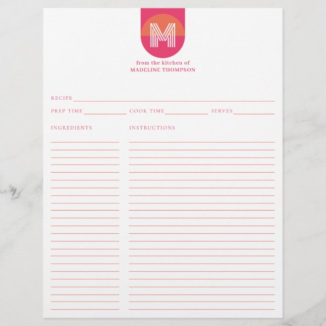 Papier Recette Chic Retro Rose Orange Géométrique Monogra (Devant)