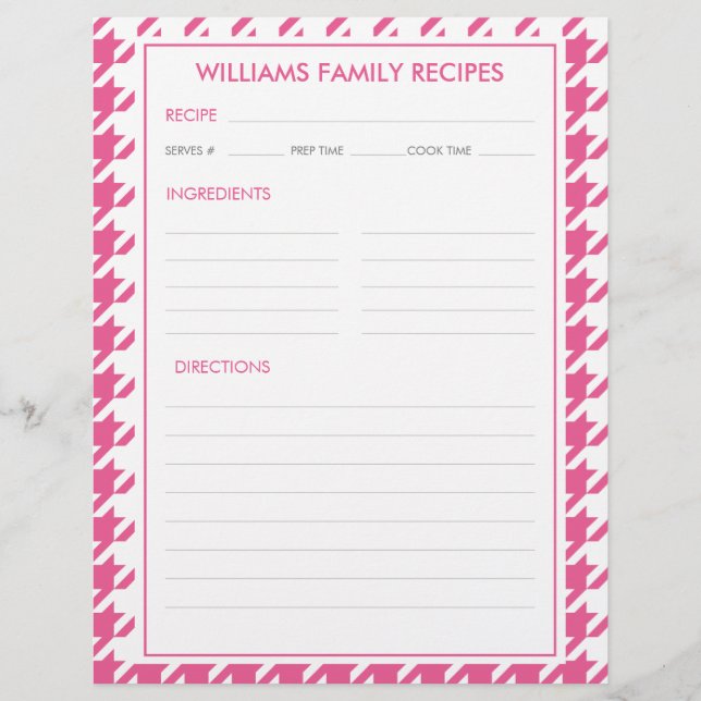 Papier Recette de nom de famille Houndstooth Insertion (Devant)