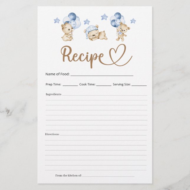 Papier Recette Teddy Bear Baby shower garçon (Devant)