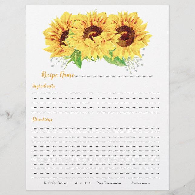 Papier Recettes de Classeur de tournesol jaune Insertions (Devant)