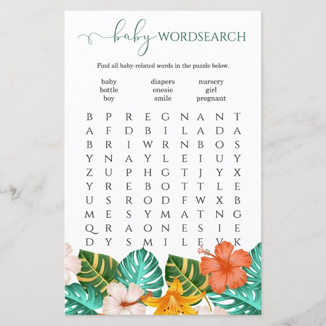 Papier Recherche de mot Jeu de Baby shower floral tropica (Devant)
