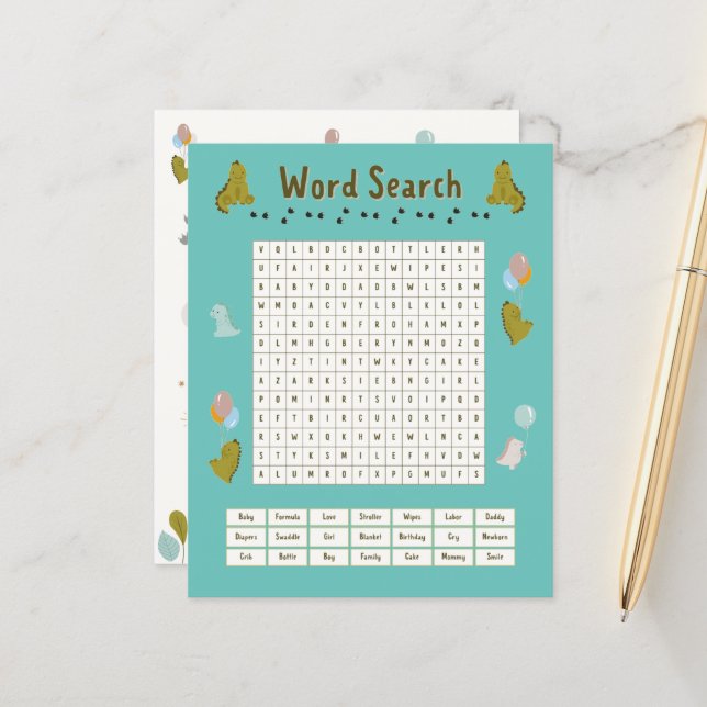 Papier Recherche de mots Baby shower Dinosaur (Devant/Arrière en situation)