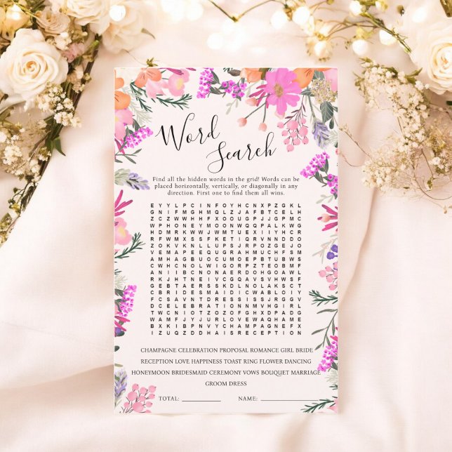 Papier Recherche de mots jeu de baby shower bohème floral (Word Search boho floral bridal shower game)