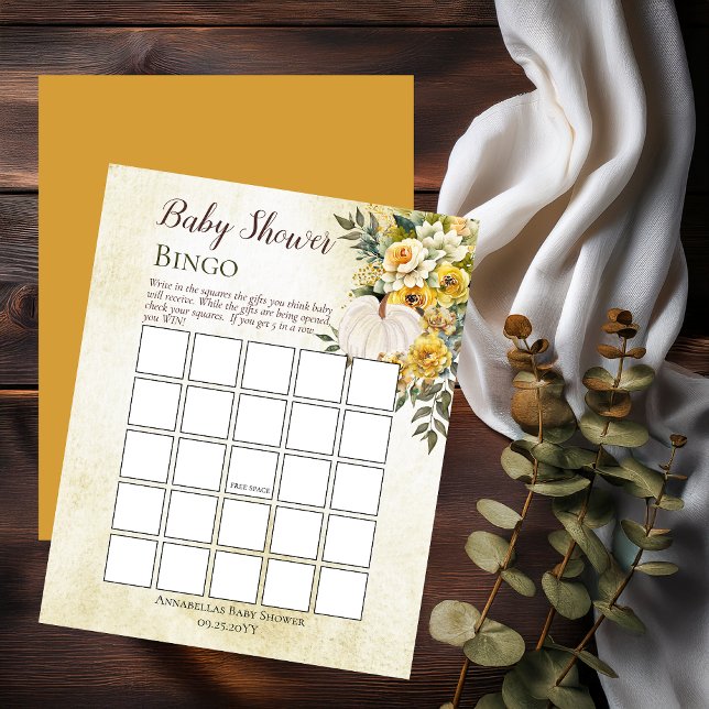 Papier Récolte citrouille | Bingo Baby shower Floral Or (White Pumpkin and Gold Floral Baby Shower Bingo Game Print Only - Little Pumpkin Collection)