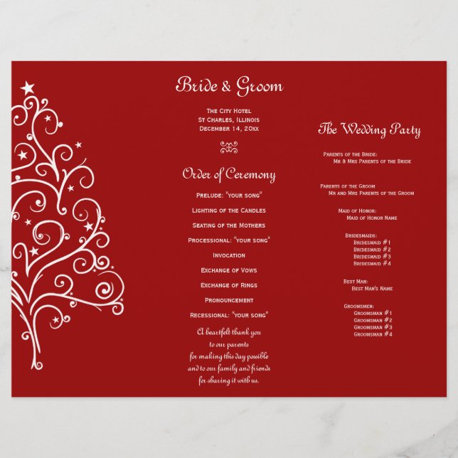 Papier Red Christmas Tree Winter Tri Fold Wedding Program (Devant)